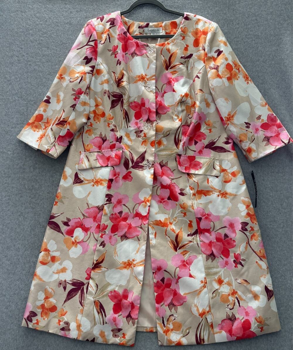 Danillo Women's Garden Floral Mid-Length Topper Jacket Sz 16W Cream Pink Event